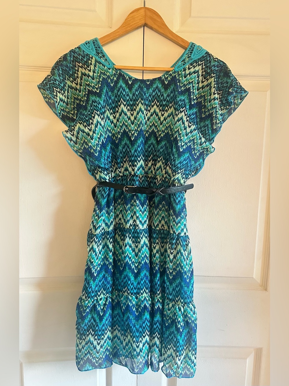 Sequin Hearts Teal and Blue Chevron Girls Dress